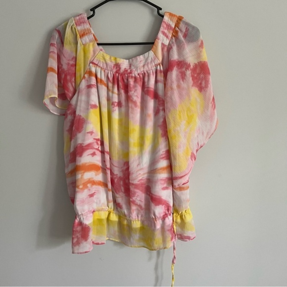 Essentials By Milano Pink and Yellow Tie Dye Sleeveless Drawstring Waist Blouse